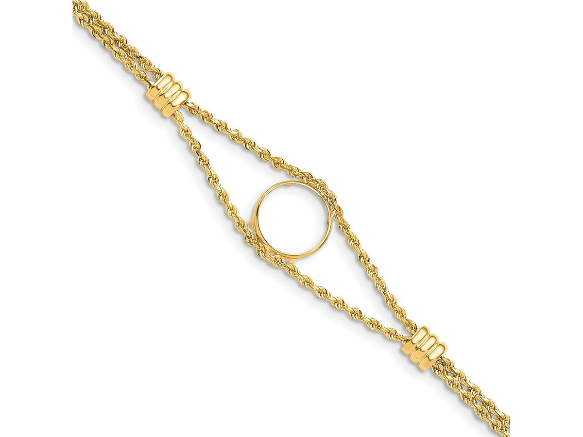 FJC Finejewelers 14 kt Yellow Gold Rope Chain with 2 Stations 13.0mm Prong Coin Bezel Bracelet 7.25 Inches x 17.8 mm