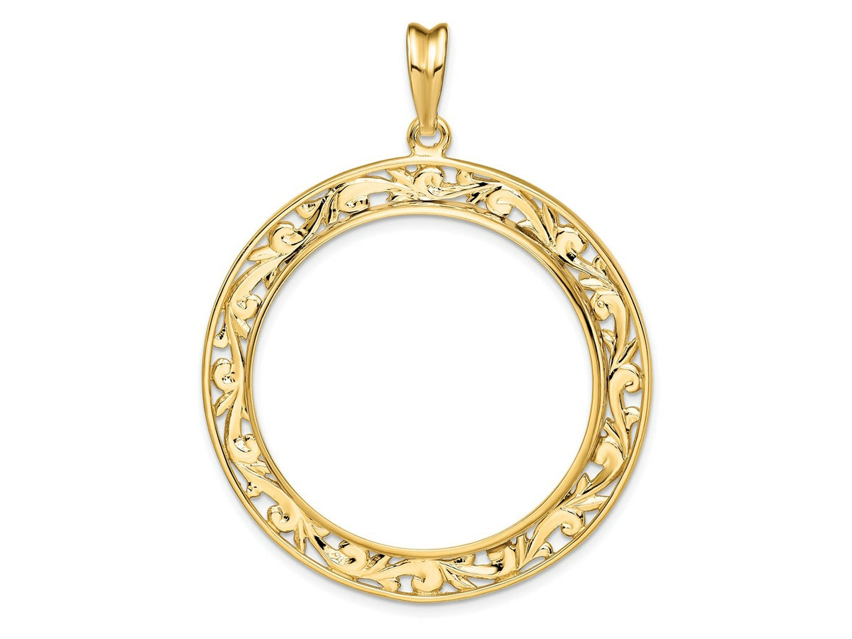 FJC Finejewelers 14 kt Yellow Gold Polished Curved Filigree 32.7mm Prong Coin Bezel Pendant