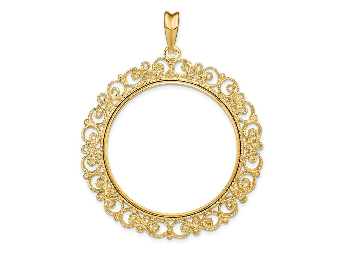 FJC Finejewelers 14 kt Yellow Gold and Textured Victorian 34.2mm Prong Coin Bezel Pendant