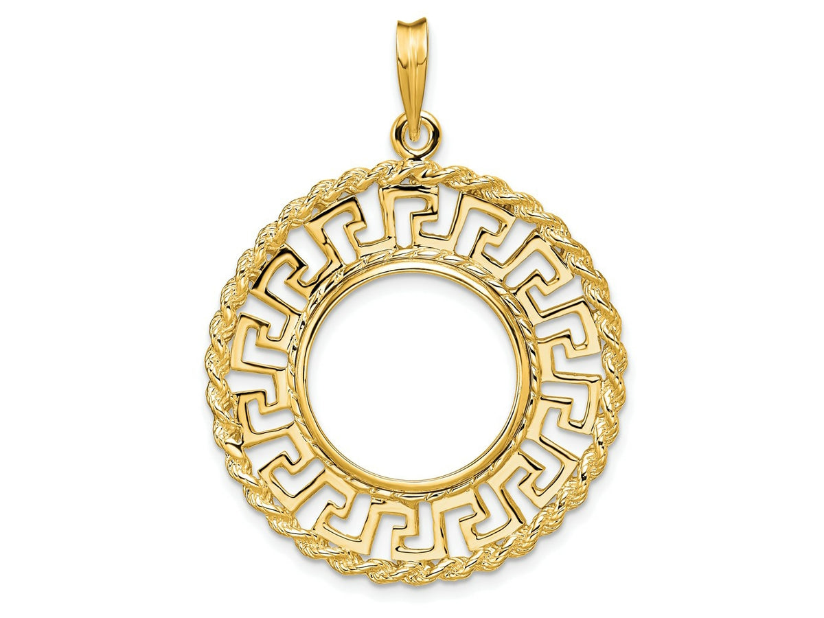 FJC Finejewelers 14 kt Yellow Gold Greek Key with Rope Border 16.5mm Prong Coin Bezel Pendant