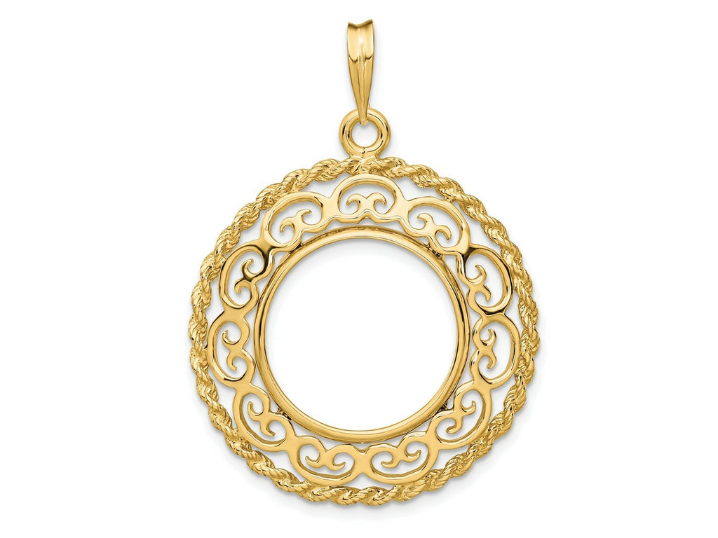 FJC Finejewelers 14 kt Yellow Gold Scroll Design with Rope Edge 17.8mm Prong Coin Bezel Pendant