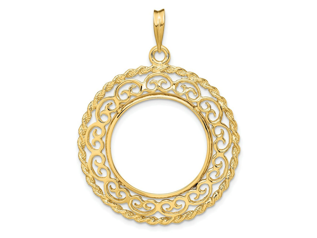FJC Finejewelers 14 kt Yellow Gold Scroll Design with Rope Edge 21.6mm Prong Coin Bezel Pendant
