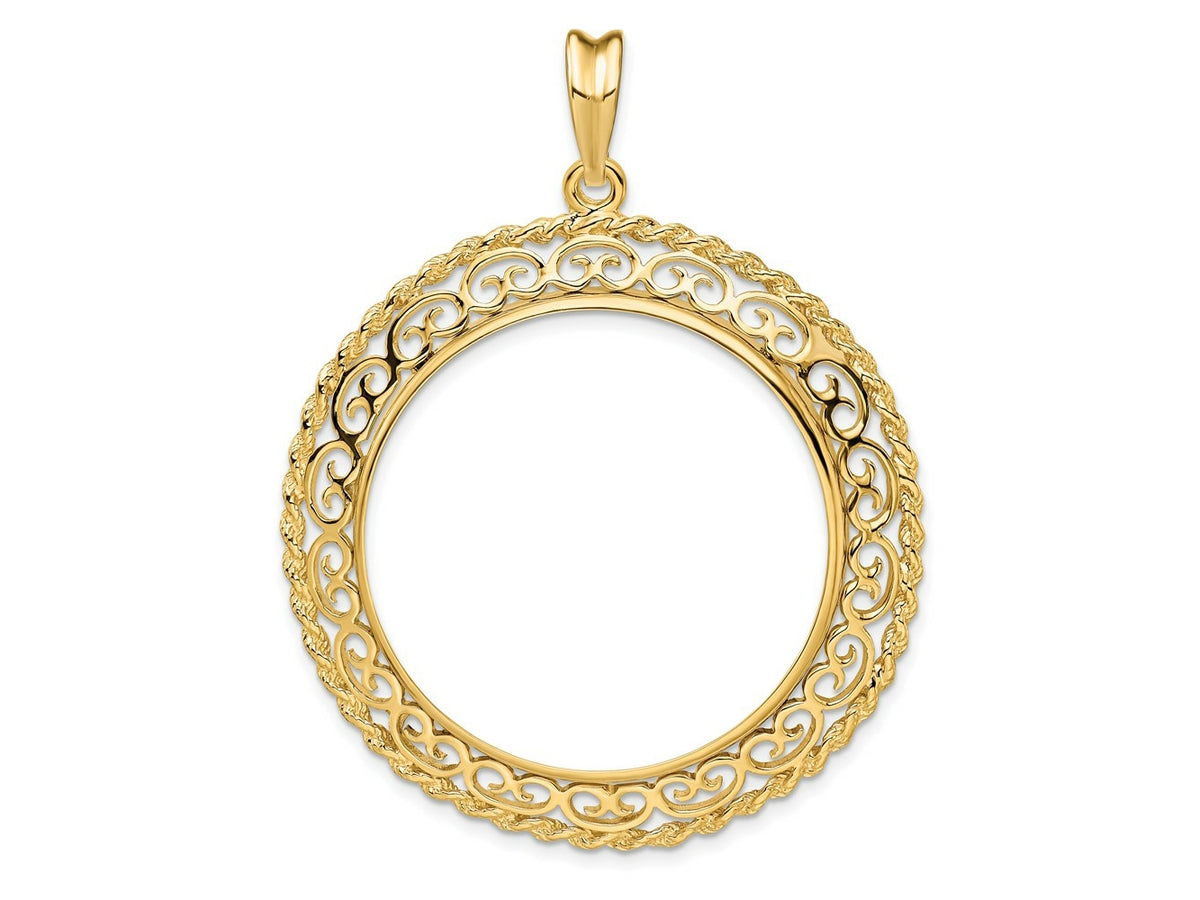 FJC Finejewelers 14 kt Yellow Gold Scroll Design with Rope Edge 32.7mm Prong Coin Bezel Pendant