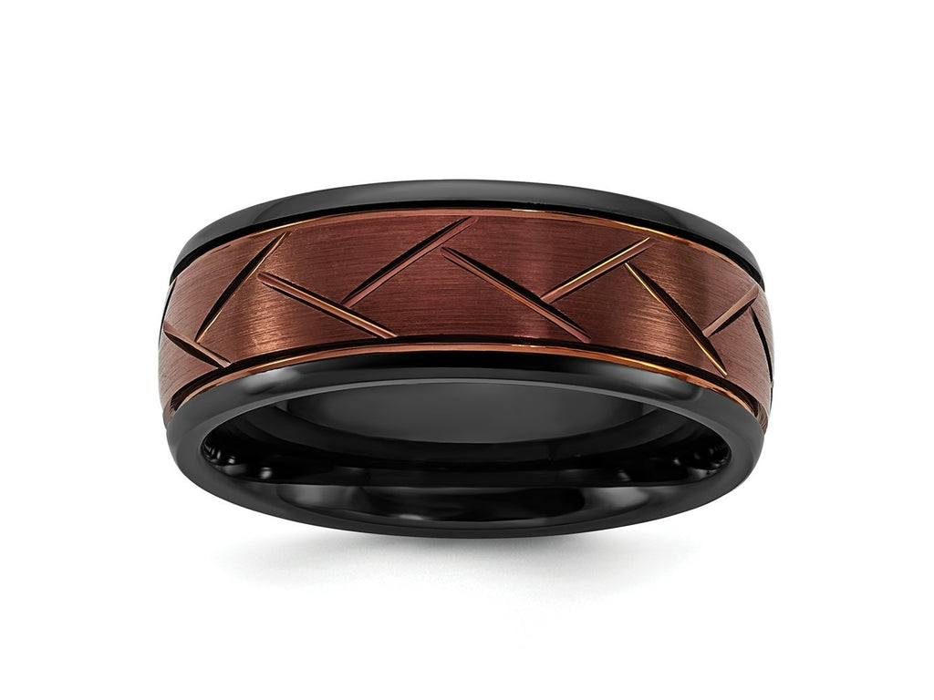 FJC Finejewelers Ceramic Black Polished with Red IP-plated Scratch Finish Grooved Center Wedding Band 8 mm