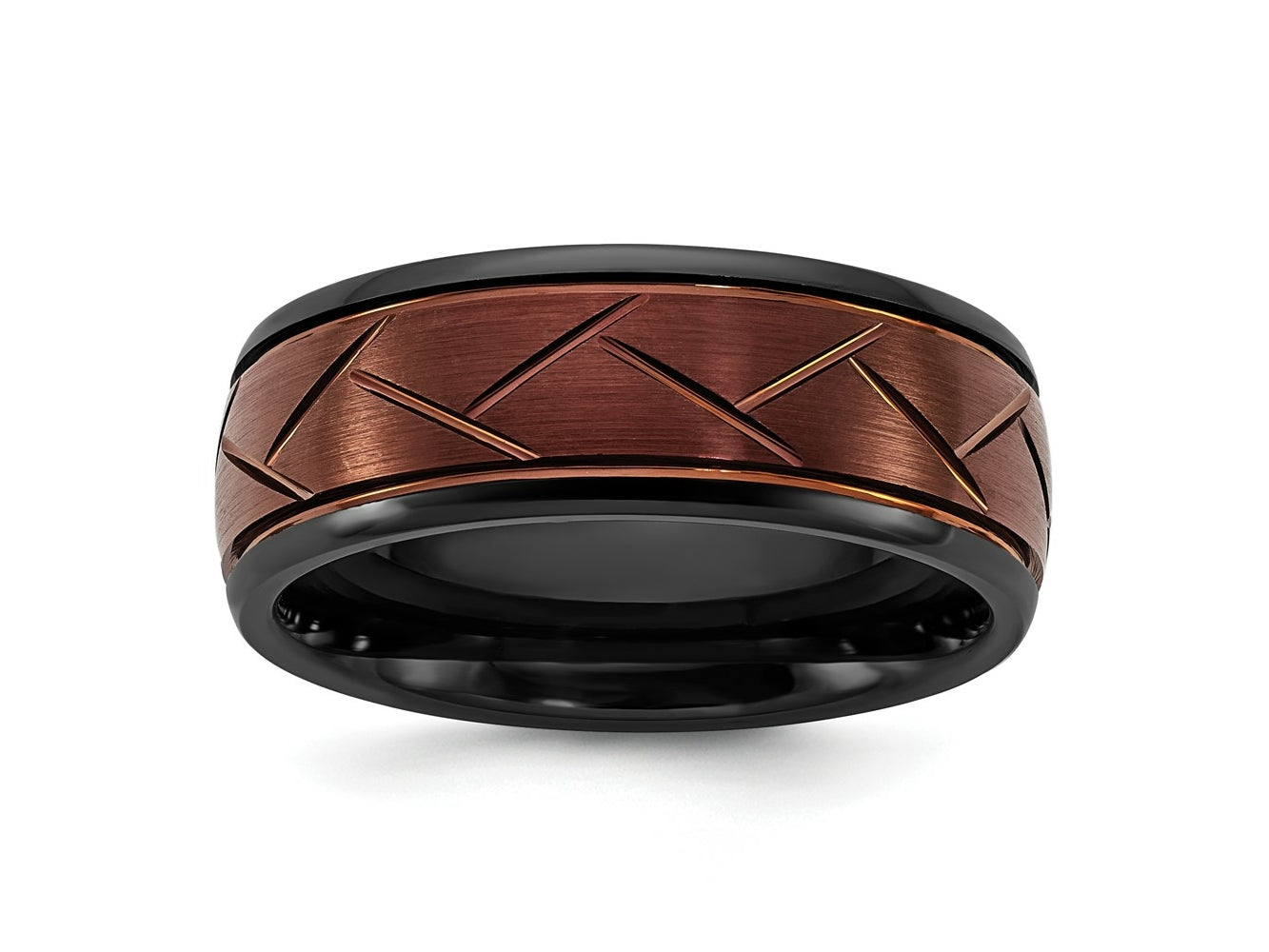 FJC Finejewelers Ceramic Black Polished with Red IP-plated Scratch Finish Grooved Center Wedding Band 8 mm