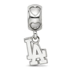 LogoArt 925 Sterling Silver Rhodium Plated Los Angeles Dodgers LA MLB on Heart Bead