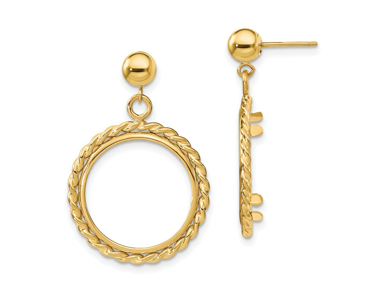 FJC Finejewelers 14 kt Yellow Gold Twisted Wire 16.5mm Prong Coin Bezel Post Dangle Earrings 29 x 20 mm