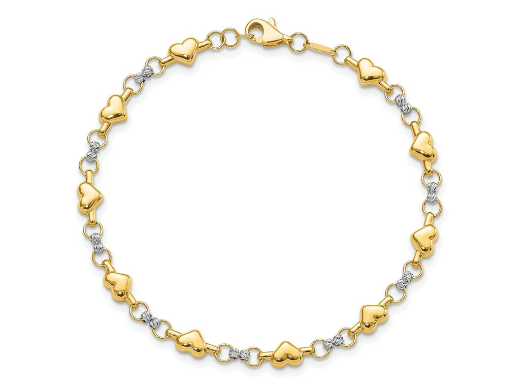 FJC Finejewelers 14 kt Two Tone Gold Polished Bright Cut Heart 7.5in Bracelet