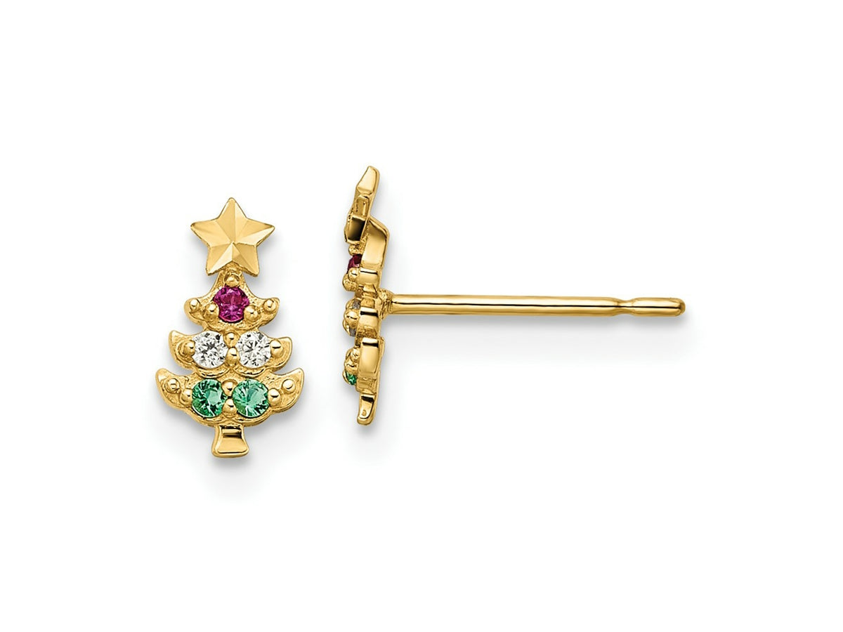 FJC Finejewelers 14 kt Yellow Gold Button Madi K Red and Clear CZ and Green Glass Christmas Tree Earrings