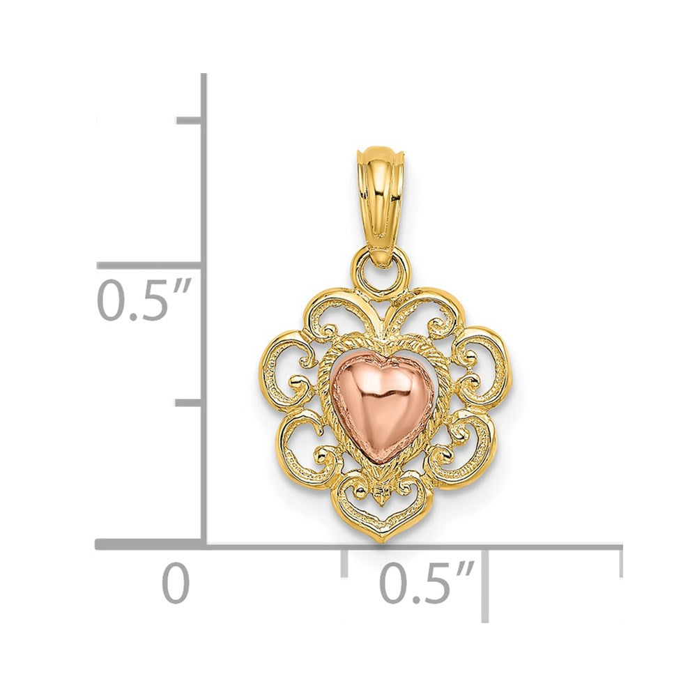 FJC Finejewelers 14 kt Two Tone Gold Yellow and Rose Polished and Textured Heart Charm 19 x 11 mm