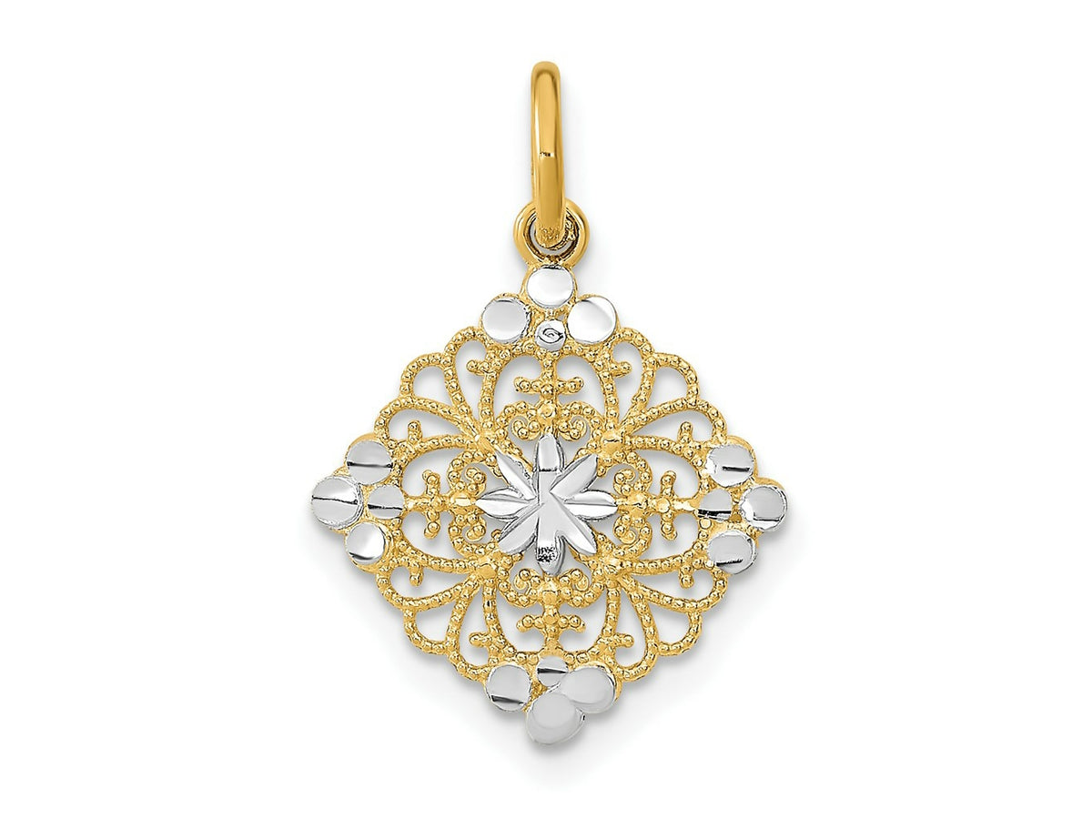 FJC Finejewelers 14 kt Yellow Gold Fancy with Rhodium and Bright Cut Filigree Medallion Charm
