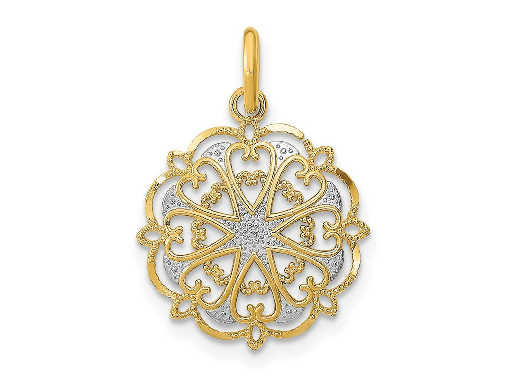 FJC Finejewelers 14 kt Yellow Gold Fancy with Rhodium and Bright Cut Filigree Heart Round Charm