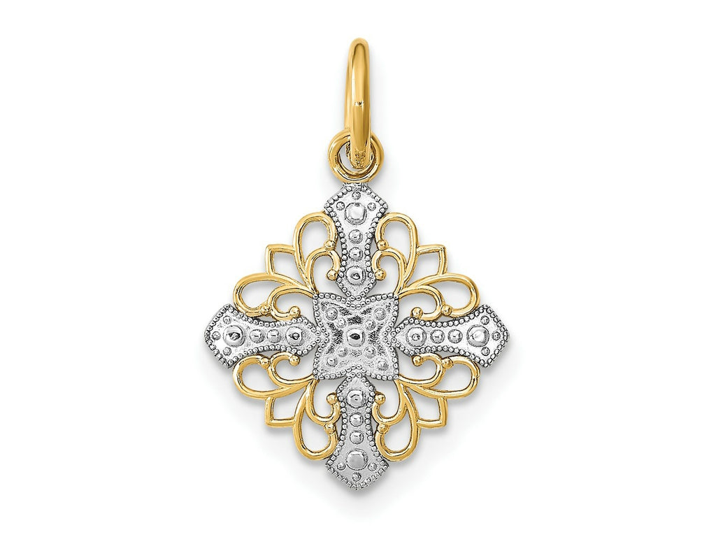 FJC Finejewelers 14 kt Yellow Gold Fancy with Rhodium and Bright Cut Filigree Medallion Charm