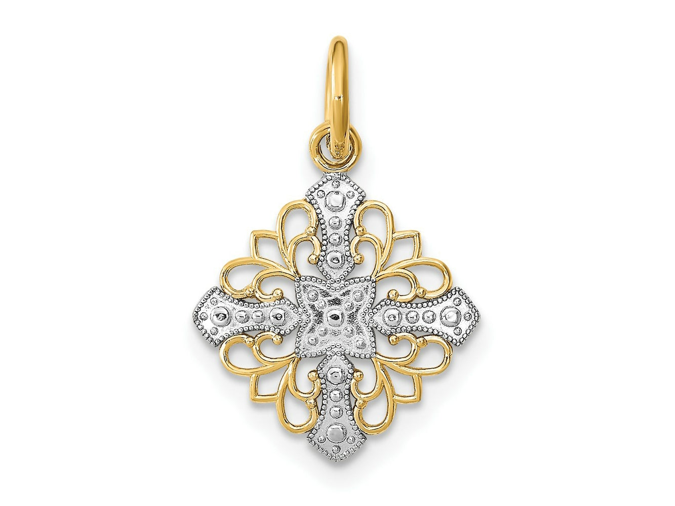 FJC Finejewelers 14 kt Yellow Gold Fancy with Rhodium and Bright Cut Filigree Medallion Charm