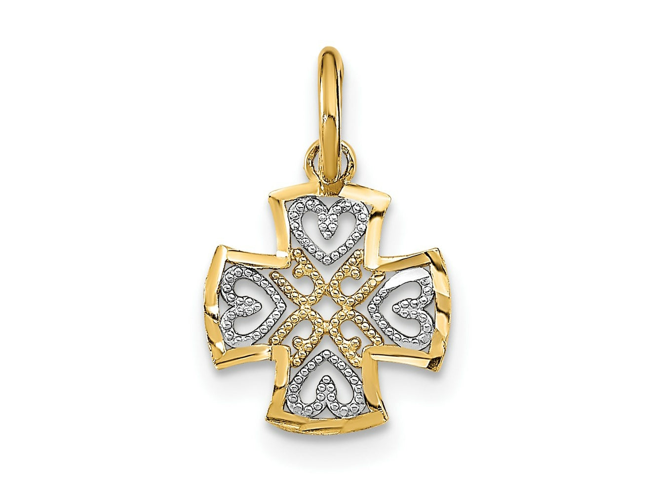 FJC Finejewelers 14 kt Yellow Gold with Rhodium and Bright Cut Hearts In Cross Charm 11 x 10 mm