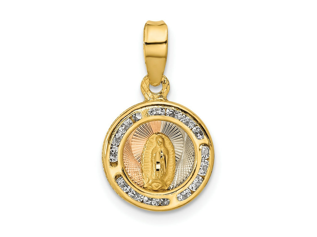 FJC Finejewelers 14 kt Yellow Gold Bright Cut Rose and White Rhodium CZ Mary Round Charm 20 x 11 mm