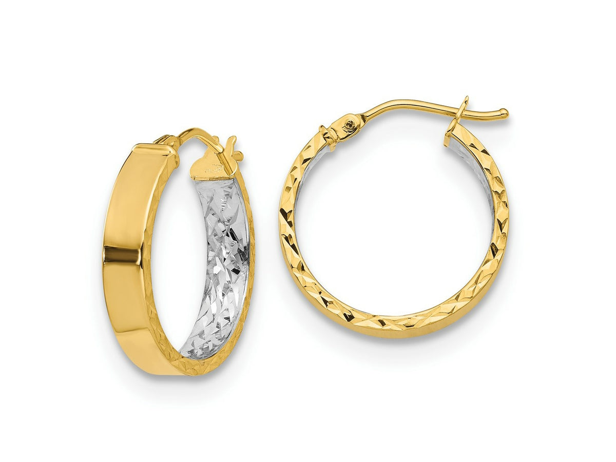FJC Finejewelers 14 kt Yellow Gold and White Rhodium Polished and Bright Cut Hoop Earrings 19 mm x 3 mm