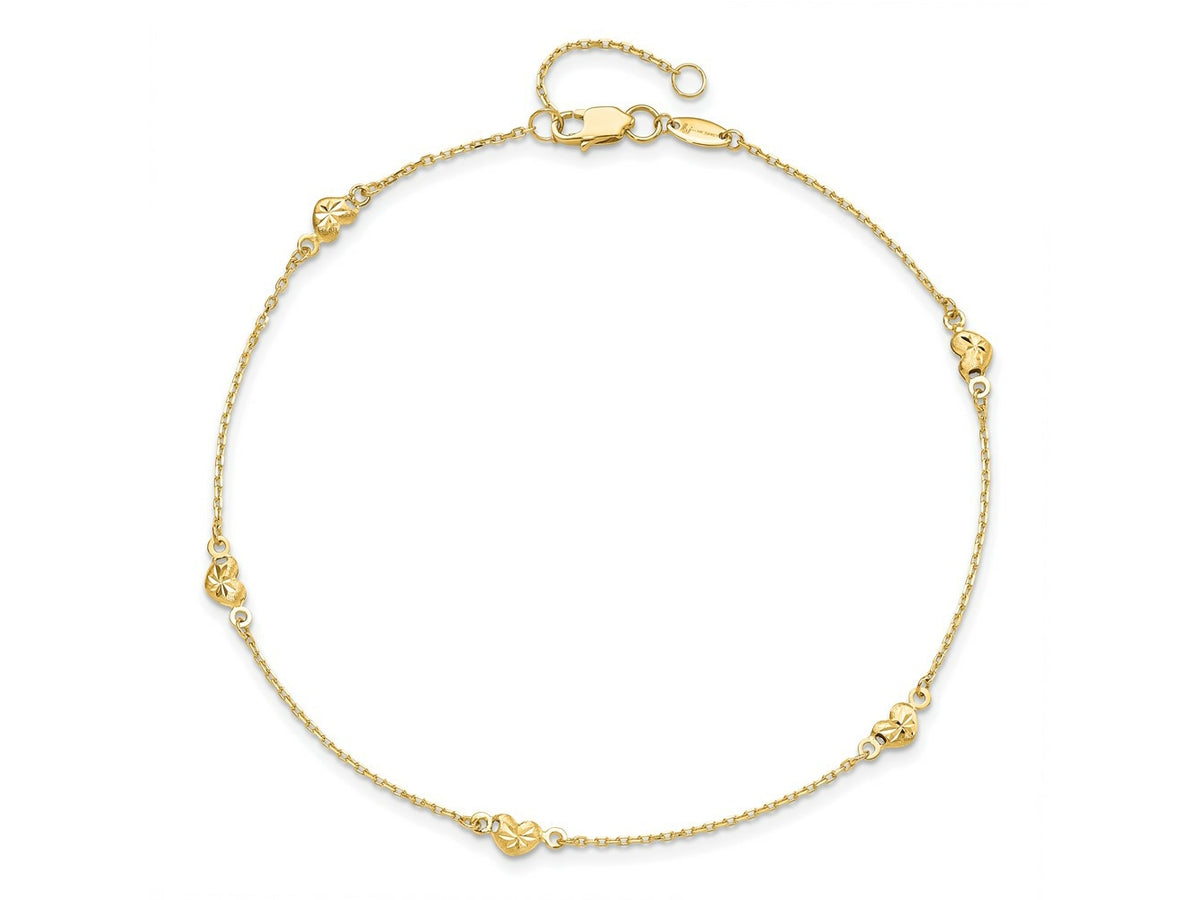 FJC Finejewelers 14 kt Yellow Gold Cable and Bright Cut Heart with 1in ext. Anklet 9 Inches x 1 mm