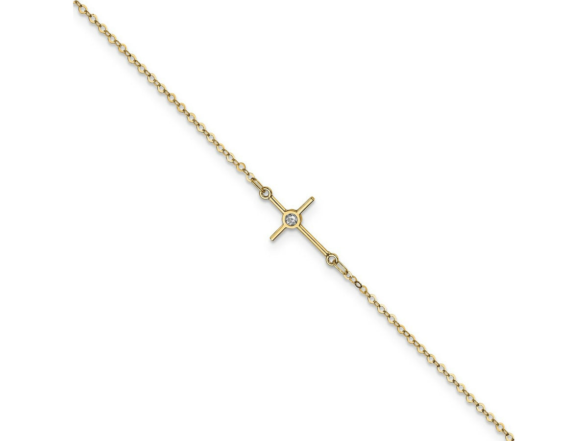 FJC Finejewelers 14 kt Yellow Gold Cable Polished CZ Cross Anklet 10 Inches x 12 mm