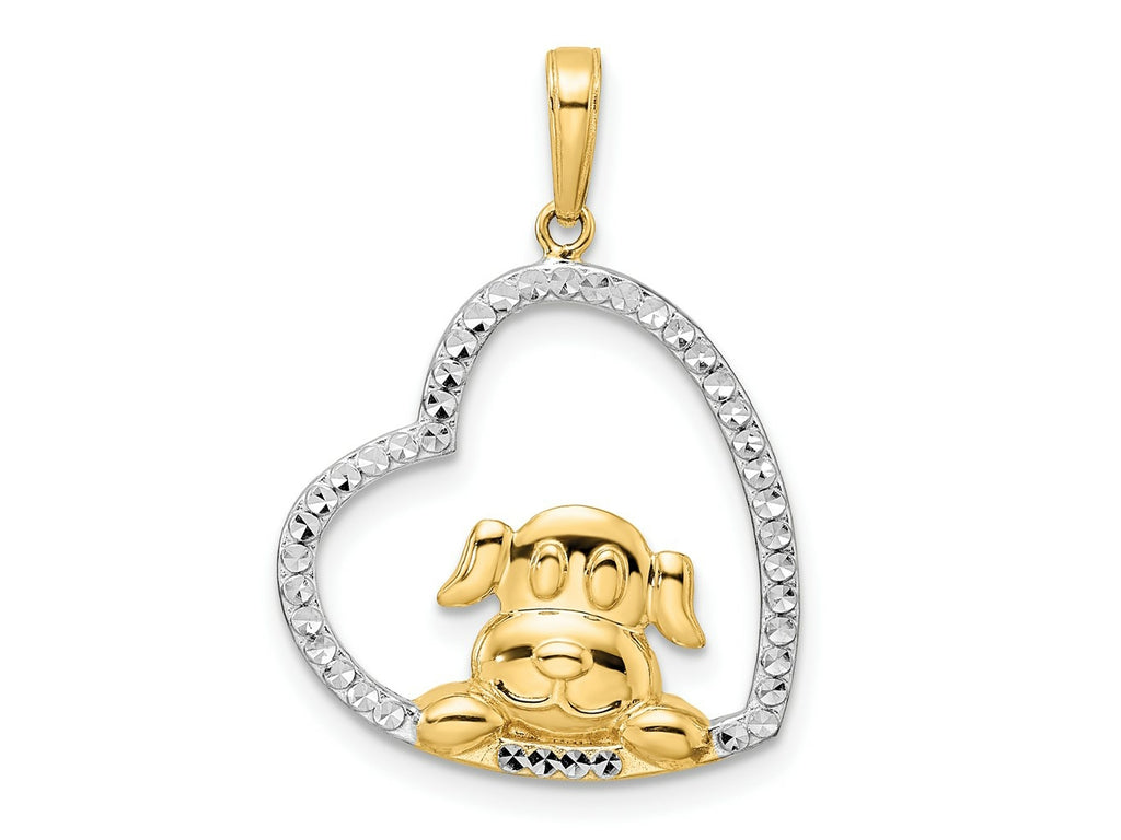 FJC Finejewelers 14 kt Yellow Gold and White Rhodium Bright Cut Puppy in Heart Charm 27 x 19 mm