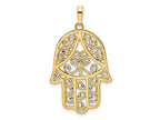 FJC Finejewelers 14 kt Yellow Gold and White Rhodium Bright Cut Filigree Hamsa Charm 37 x 21 mm