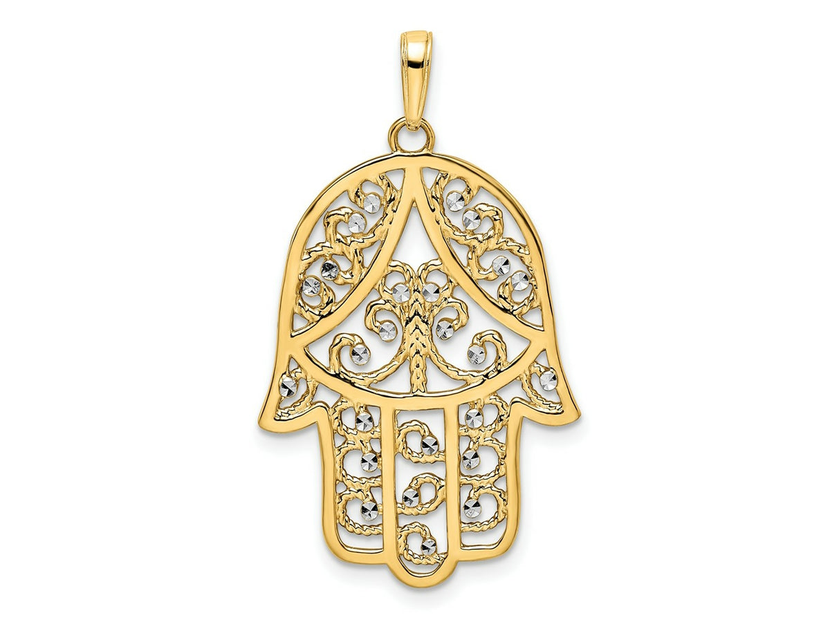 FJC Finejewelers 14 kt Yellow Gold and White Rhodium Bright Cut Filigree Hamsa Charm 37 x 21 mm