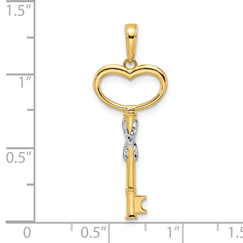 FJC Finejewelers 14 kt Yellow Gold Bright Cut and White Rhodium Diamiond-cut Heart Key Charm 34 x 13 mm