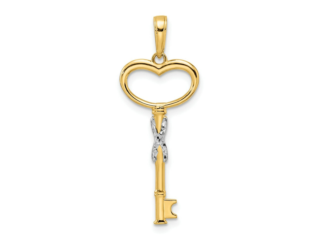 FJC Finejewelers 14 kt Yellow Gold Bright Cut and White Rhodium Diamiond-cut Heart Key Charm 34 x 13 mm