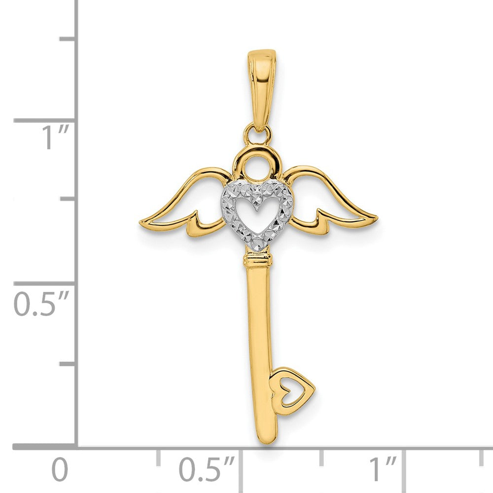 FJC Finejewelers 14 kt Yellow Gold and White Rhodium Bright Cut Heart/ Angel Wings Key Charm 31 x 18 mm