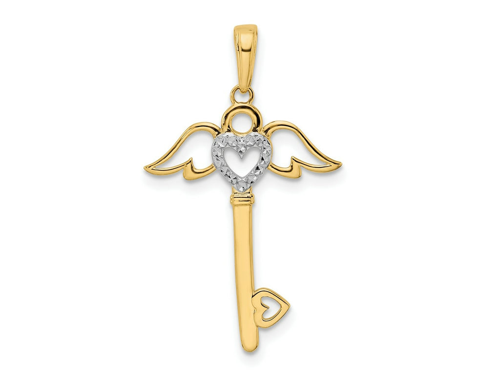 FJC Finejewelers 14 kt Yellow Gold and White Rhodium Bright Cut Heart/ Angel Wings Key Charm 31 x 18 mm