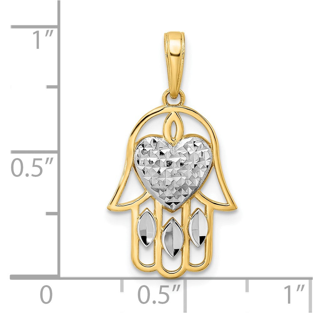 FJC Finejewelers 14 kt Yellow Gold and White Rhodium Bright Cut Heart Hamsa Charm 25 x 13 mm