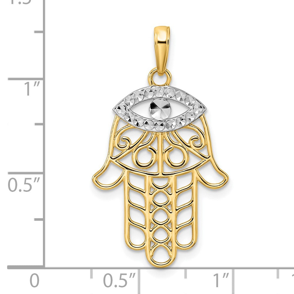 FJC Finejewelers 14 kt Yellow Gold and White Rhodium Bright Cut Evil Eye Hamsa Charm 33 x 18 mm