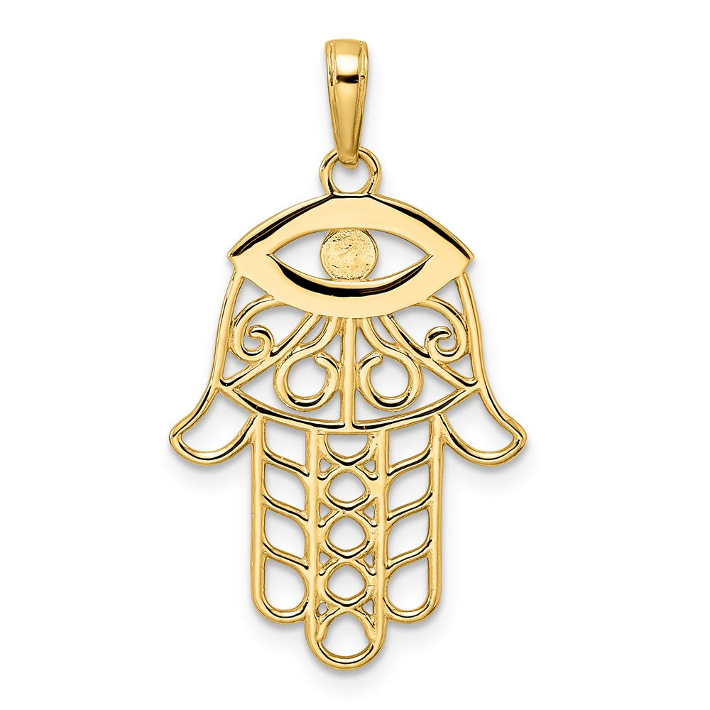 FJC Finejewelers 14 kt Yellow Gold and White Rhodium Bright Cut Evil Eye Hamsa Charm 33 x 18 mm