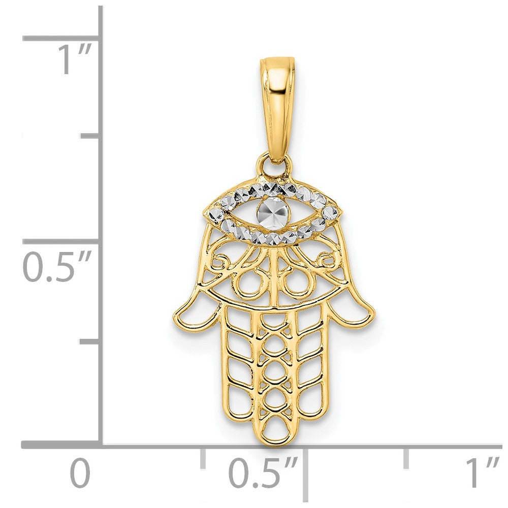 FJC Finejewelers 14 kt Yellow Gold and White Rhodium Bright Cut Evil Eye Hamsa Charm 25 x 13 mm