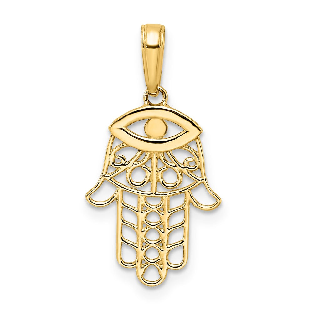 FJC Finejewelers 14 kt Yellow Gold and White Rhodium Bright Cut Evil Eye Hamsa Charm 25 x 13 mm