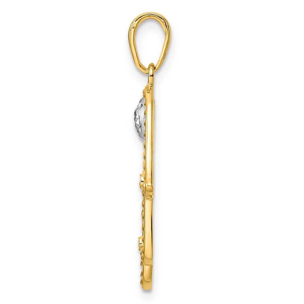 FJC Finejewelers 14 kt Yellow Gold and White Rhodium Bright Cut Evil Eye Filigree Hamsa Charm 30 x 18 mm