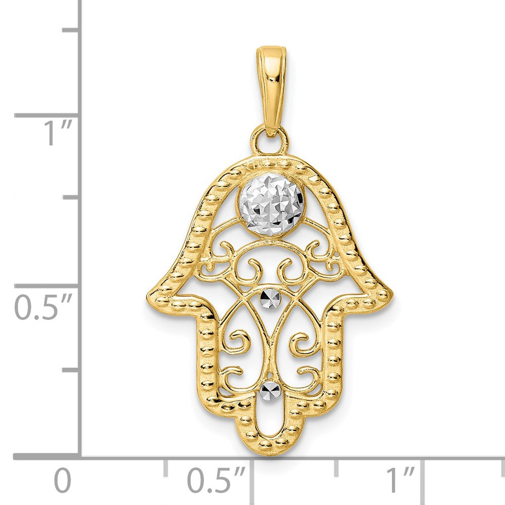 FJC Finejewelers 14 kt Yellow Gold and White Rhodium Bright Cut Evil Eye Filigree Hamsa Charm 30 x 18 mm