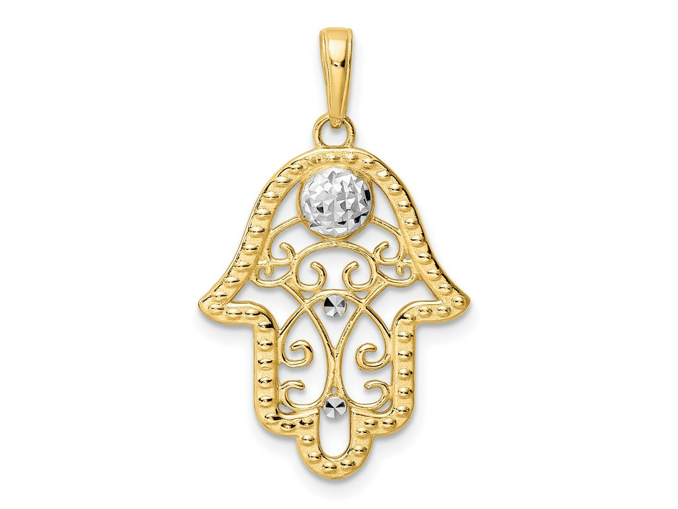 FJC Finejewelers 14 kt Yellow Gold and White Rhodium Bright Cut Evil Eye Filigree Hamsa Charm 30 x 18 mm