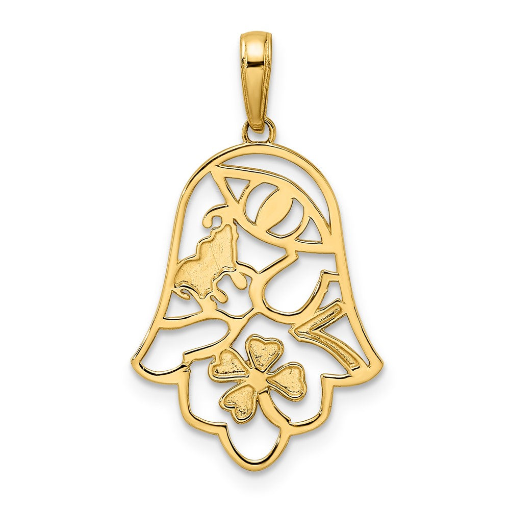 FJC Finejewelers 14 kt Yellow Gold and White Rhodium Bright Cut Good Luck Symbols on Hamsa Charm 28 x 16 mm