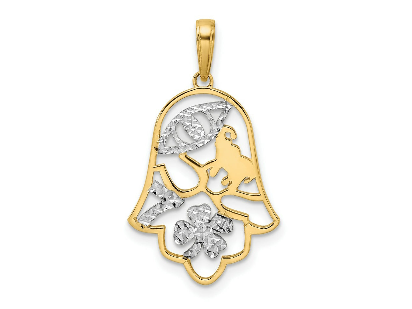 FJC Finejewelers 14 kt Yellow Gold and White Rhodium Bright Cut Good Luck Symbols on Hamsa Charm 28 x 16 mm