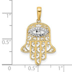FJC Finejewelers 14 kt Yellow Gold and White Rhodium Bright Cut Filigree Evil Eye Hamsa Charm 29 x 17 mm