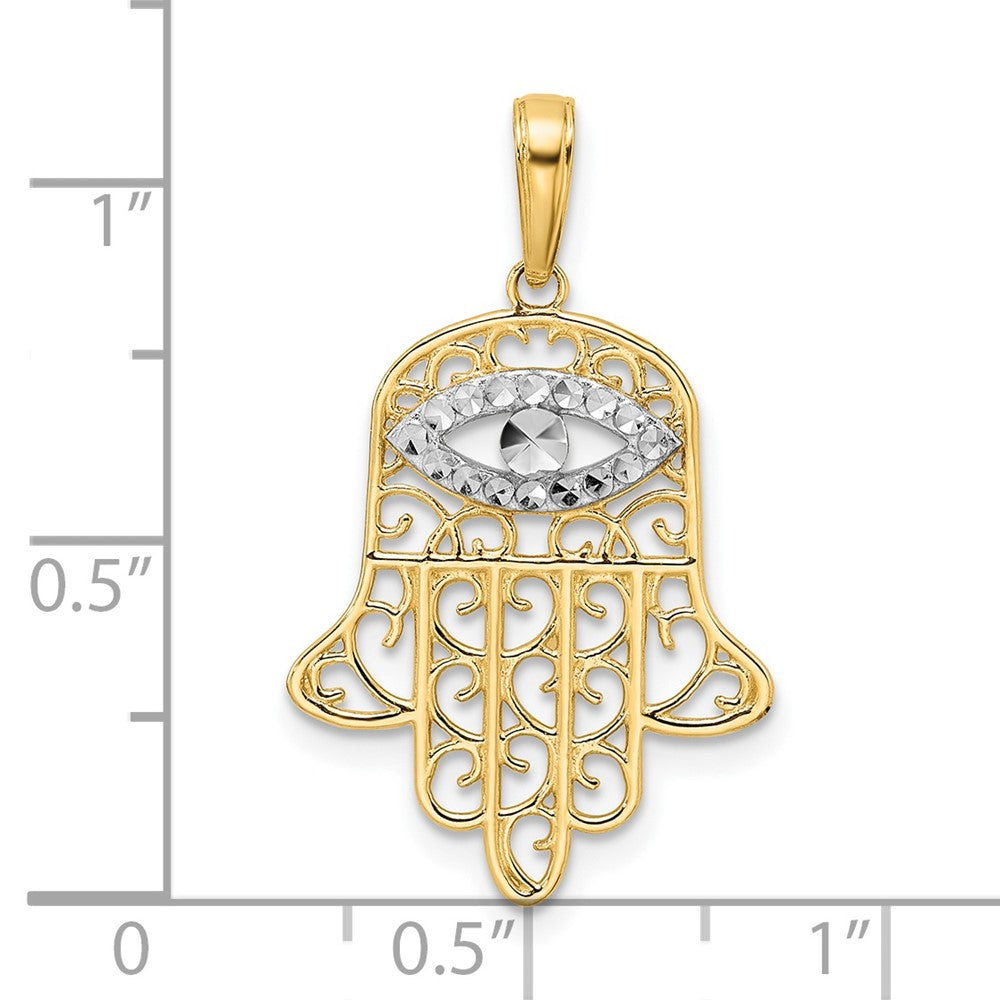 FJC Finejewelers 14 kt Yellow Gold and White Rhodium Bright Cut Filigree Evil Eye Hamsa Charm 29 x 17 mm