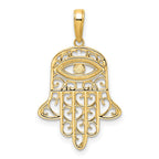 FJC Finejewelers 14 kt Yellow Gold and White Rhodium Bright Cut Filigree Evil Eye Hamsa Charm 29 x 17 mm