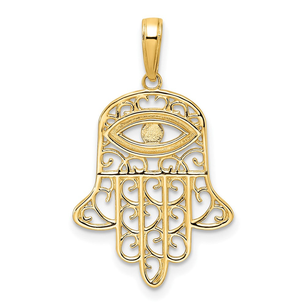 FJC Finejewelers 14 kt Yellow Gold and White Rhodium Bright Cut Filigree Evil Eye Hamsa Charm 29 x 17 mm