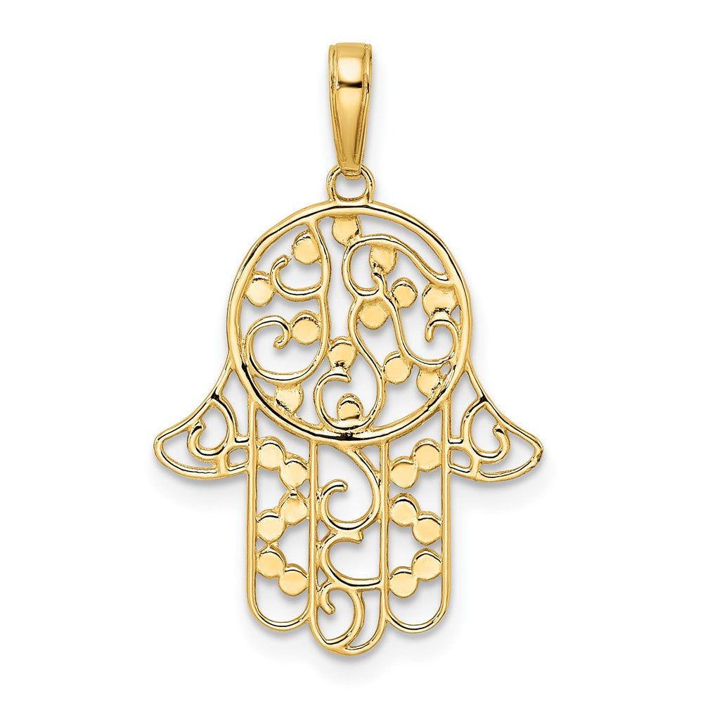 FJC Finejewelers 14 kt Yellow Gold and White Rhodium Bright Cut Fancy Hamsa Charm 30 x 18 mm