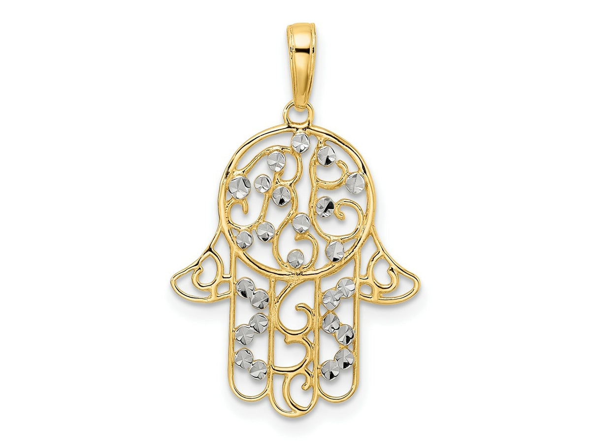 FJC Finejewelers 14 kt Yellow Gold and White Rhodium Bright Cut Fancy Hamsa Charm 30 x 18 mm