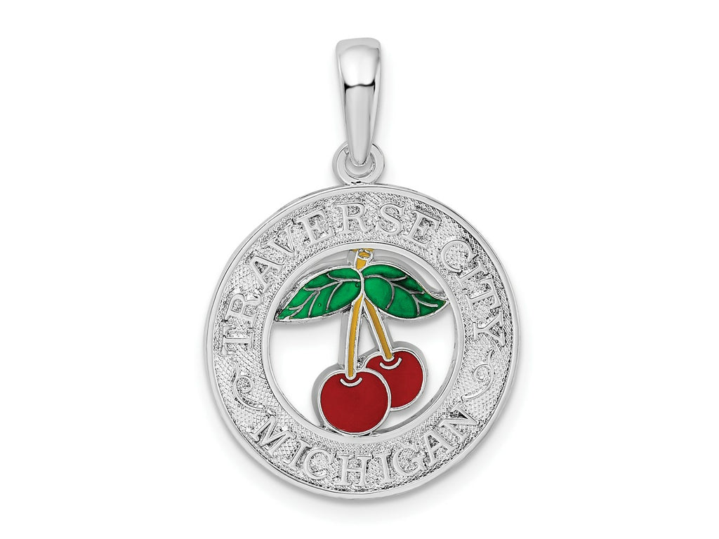 FJC Finejewelers 925 Sterling Silver Rhodium Plated Enamel Traverse City MI with Cherry Charm 26 x 18 mm