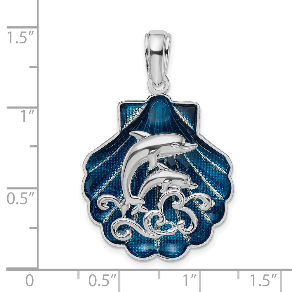 FJC Finejewelers 925 Sterling Silver Rhodium Plated Enameled Blue Shell with Dolphins Charm 36 x 23 mm
