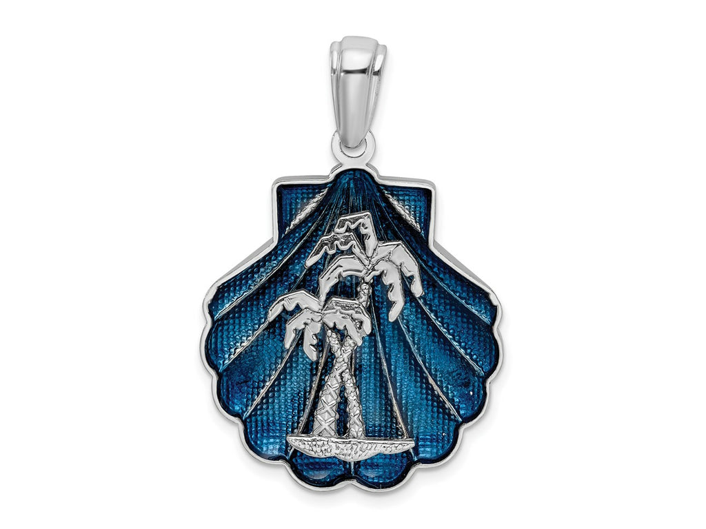 FJC Finejewelers 925 Sterling Silver Rhodium Plated Enamel Blue Shell with Palm Trees Charm 38 x 25 mm