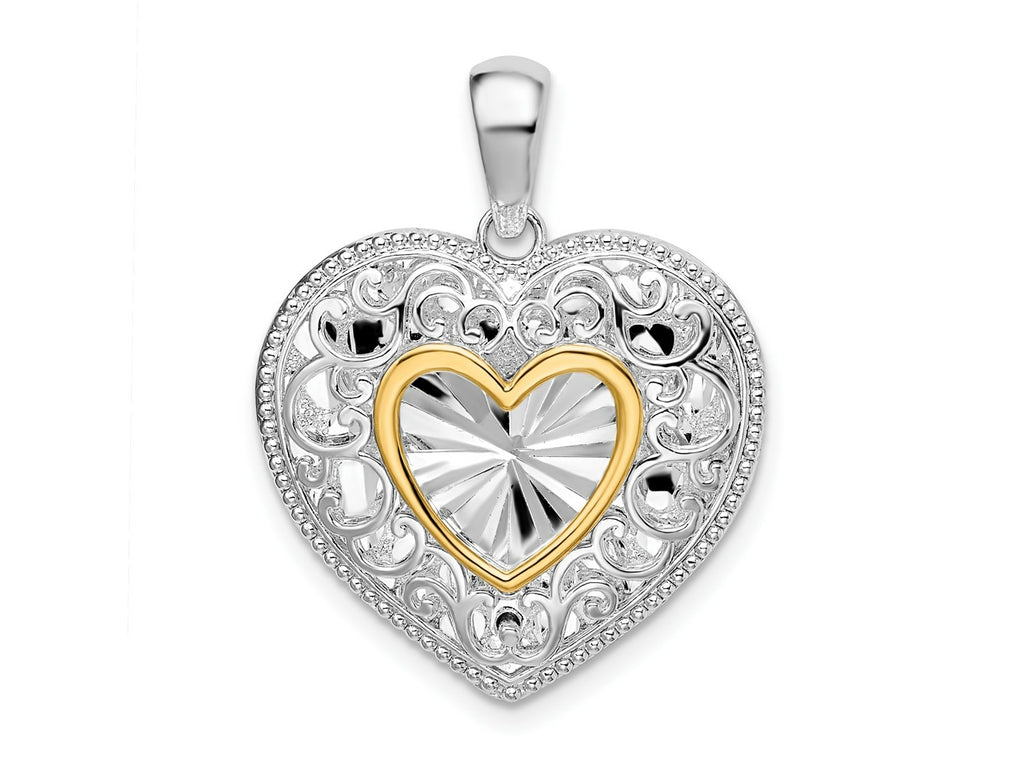 FJC Finejewelers 925 Silver and 14k Yellow Gold Accent  Rhodium Plated Polished Heart Charm